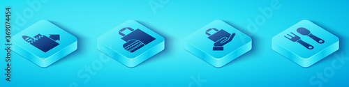 Set Isometric Online ordering and delivery, Online ordering burger delivery, Fork and spoon and Online ordering and delivery icon. Vector.