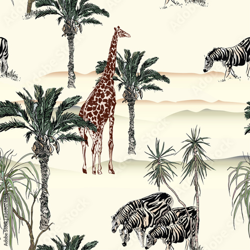 Safari Landscape Giraffe, Zebras Wildlife in Palms Desert Africa, Children Wallpaper Design Seamless Pattern, Nursery Hand Drawn Illustration Nude Colors, 