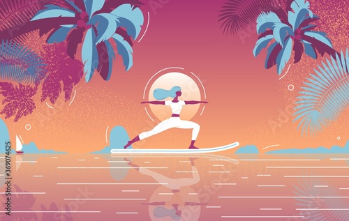 Sunset sup yoga vector concept illustration. Tropical paradise with woman flat character, palms and sea landscape in vibrant colors