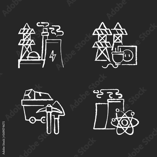Energy manufacturing chalk white icons set on black background. Electric power station, nuclear reactor and coal mining plant. Electricity industry. Isolated vector chalkboard illustrations