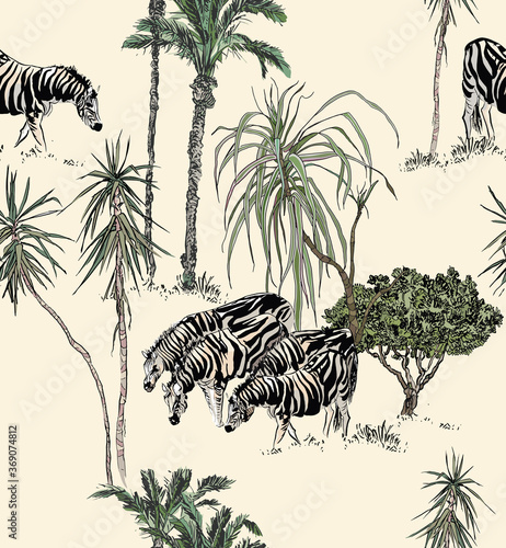 Safari Zebras in Tropical Plants  Tropics Children Wallpaper Design  Nursery Seamless Pattern Oriental Africa Landscape with Wildlife