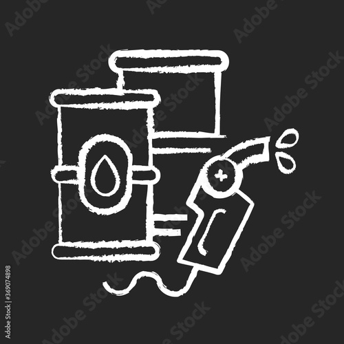 Petroleum chalk white icon on black background. Petrochemical industry, petrol refinery, energy market. Fossil fuel storage, barrels with crude materials isolated vector chalkboard illustration