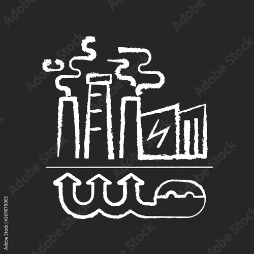 Geothermal energy chalk white icon on black background. Industrial power plant, thermal station. Using renewable natural resources, sustainable energy. Isolated vector chalkboard illustration