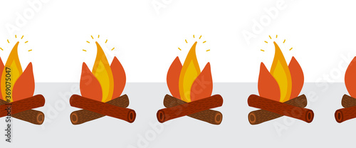 Campfire seamless vector border. Wood campfire pattern. Outdoor bonfire, fire burning wooden logs, camping fireplace. Firewood flames, bonfire flame. Cartoon vector illustration isolated symbols 