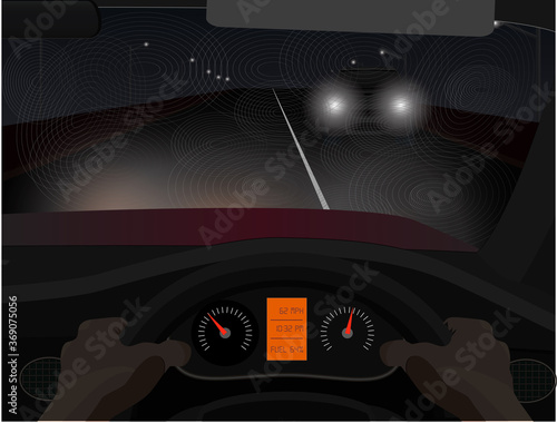 Vector illustration of swirl marks on windshield leading to poor visibility at night