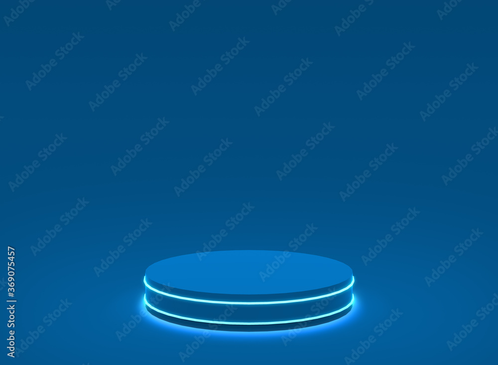 3d blue neon light cylinder podium minimal studio blue dark background. Abstract 3d geometric shape object illustration render. Display for technology product. 3d blue neon light cylinder podium minimal studio blue dark background. Abstract 3d geometric shape object illustration render. Display for technology product.