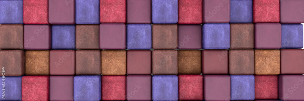 Fototapeta premium 3d rendering of square boxes with realistic fabric texture on white background. Set of colorful brown, blue and red boxes like a pattern. 