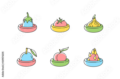 Food savers RGB color icons set. Responsible consumption, zero waste lifestyle. Round silicone food huggers for fruits and vegetables isolated vector illustrations