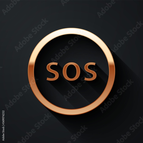 Gold Location with SOS icon isolated on black background. SOS call marker. Map pointer sign. Long shadow style. Vector Illustration.