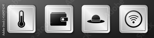 Set Meteorology thermometer, Wallet, Elegant women hat and Wi-Fi wireless internet network icon. Silver square button. Vector.