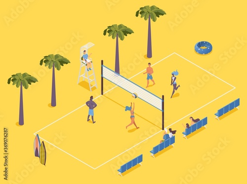 Isometric beach volleyball with players, judge and spectators on chairs on yellow background