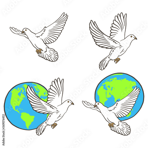 Illustration flying pigeons and globe