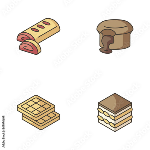 European desserts RGB color icons set. Austrian apple strudel. Chocolate lava cake. Brussels waffles. Classic Tiramisu. Authentic European sweet food. Isolated vector illustrations