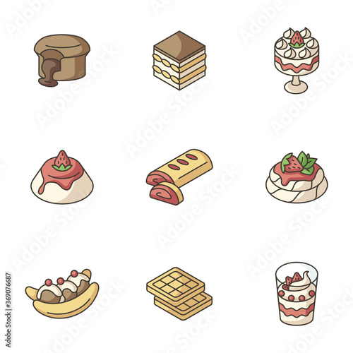 Traditional desserts RGB color icons set. Austrian apple strudel. Chocolate lava cake. Brussels, Belgian waffles. Classic Tiramisu. Authentic European sweet food. Isolated vector illustrations