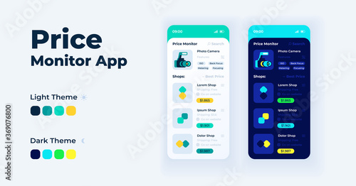 Price monitor app cartoon smartphone interface vector templates set. Mobile app screen page day and night modes design. Price comparison UI for application. Phone display with flat illustrations