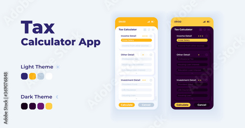 Tax calculator app cartoon smartphone interface vector templates set. Mobile app screen page day and night modes design. Tax estimator UI for application. Phone display with flat illustrations