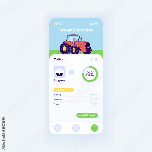 Smart farming app smartphone interface vector template. Mobile app page day mode design layout. Cotton production progress on screen. Flat UI for application. Land productivity phone display