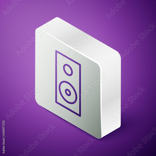Isometric line Stereo speaker icon isolated on purple background. Sound system speakers. Music icon. Musical column speaker bass equipment. Silver square button. Vector Illustration.