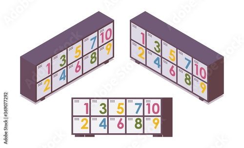Isometric 3d lockers for hostel, dorm, school or university in various foreshortening views with vibrant numbers on doors. Vector collection for interior