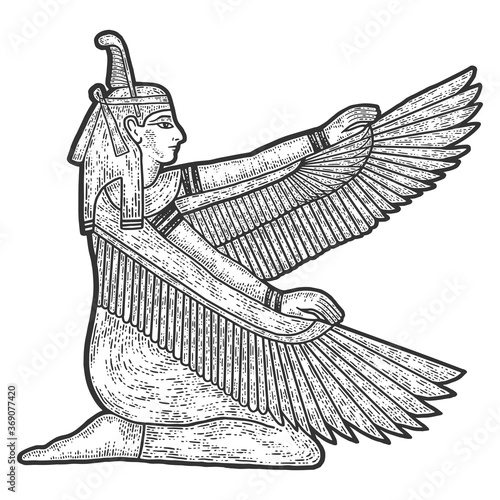 Isis, seated woman with wings. Sketch scratch board imitation.
