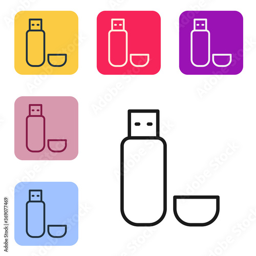 Black line USB flash drive icon isolated on white background. Set icons in color square buttons. Vector Illustration.
