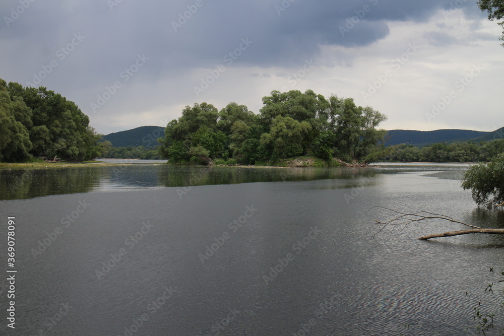 Confluence of Hron river with Danube river near Sturovo, south Slovakia