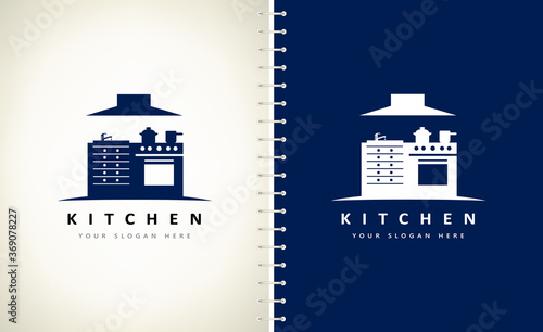 Kitchen furniture logo vector. Furniture, dishes and household appliances.  Cooker and range hood.