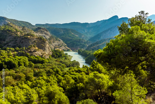A view of the Gaitanejo river from the Caminito del Rey pathway near Ardales, Spain in the summertime