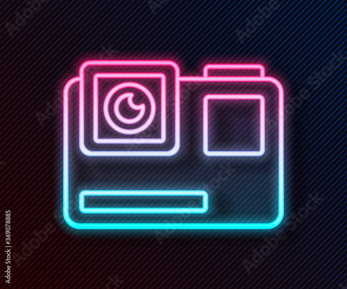 Glowing neon line Action extreme camera icon isolated on black background. Video camera equipment for filming extreme sports. Vector Illustration.