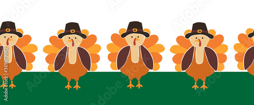 Turkey seamless vector border. Cute Thanksgiving repeating pattern. Use for Thanksgiving greeting cards, party invitations, banner