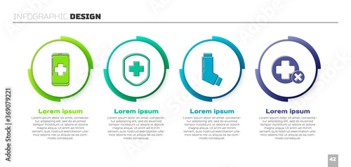 Set Emergency mobile phone call to hospital, Medical shield with cross, Inhaler and Cross hospital medical. Business infographic template. Vector.