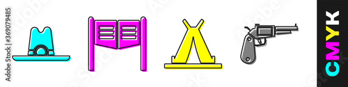 Set Western cowboy hat, Saloon door, Indian teepee or wigwam and Revolver gun icon. Vector.