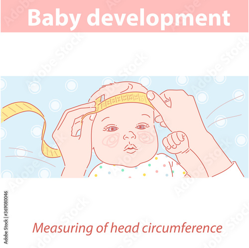 Cute little baby girl with measuring tape on head.