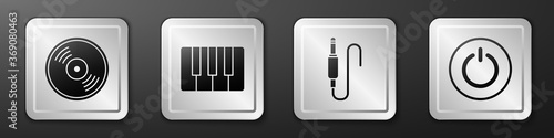 Set Vinyl disk, Music synthesizer, Audio jack and Power button icon. Silver square button. Vector.