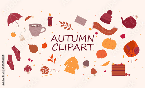 Set of cute autumn objects in warm colors, fall season icons collection. Isolated vector elements