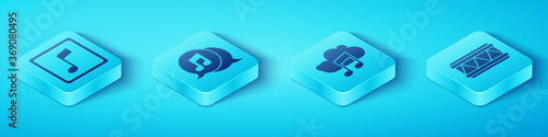 Set Isometric Music note, tone, Musical note in speech bubble, Drum and Music streaming service icon. Vector.
