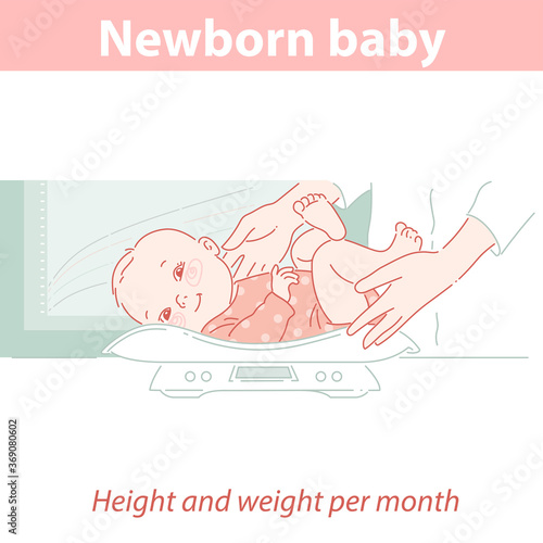 Newborn baby on scales. Pediatrician measures baby height and weight 