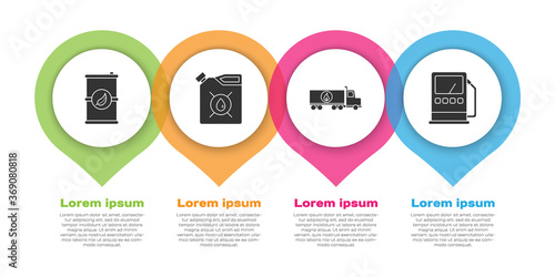 Set Bio fuel barrel, Canister for motor machine oil, Tanker truck and Petrol or gas station. Business infographic template. Vector.