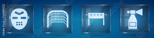 Set Hockey mask, Ice hockey goal, Hockey table and Air horn. Square glass panels. Vector.