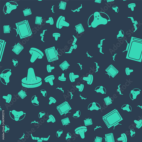 Set Ice hockey sticks and puck, Protective sport jockstrap, Mallet for playing air hockey and Retro tv on seamless pattern. Vector.