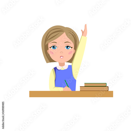 A schoolgirl is sitting at a Desk. The blonde Girl answers the question. Vector illustration on a white isolated background. Stock image.