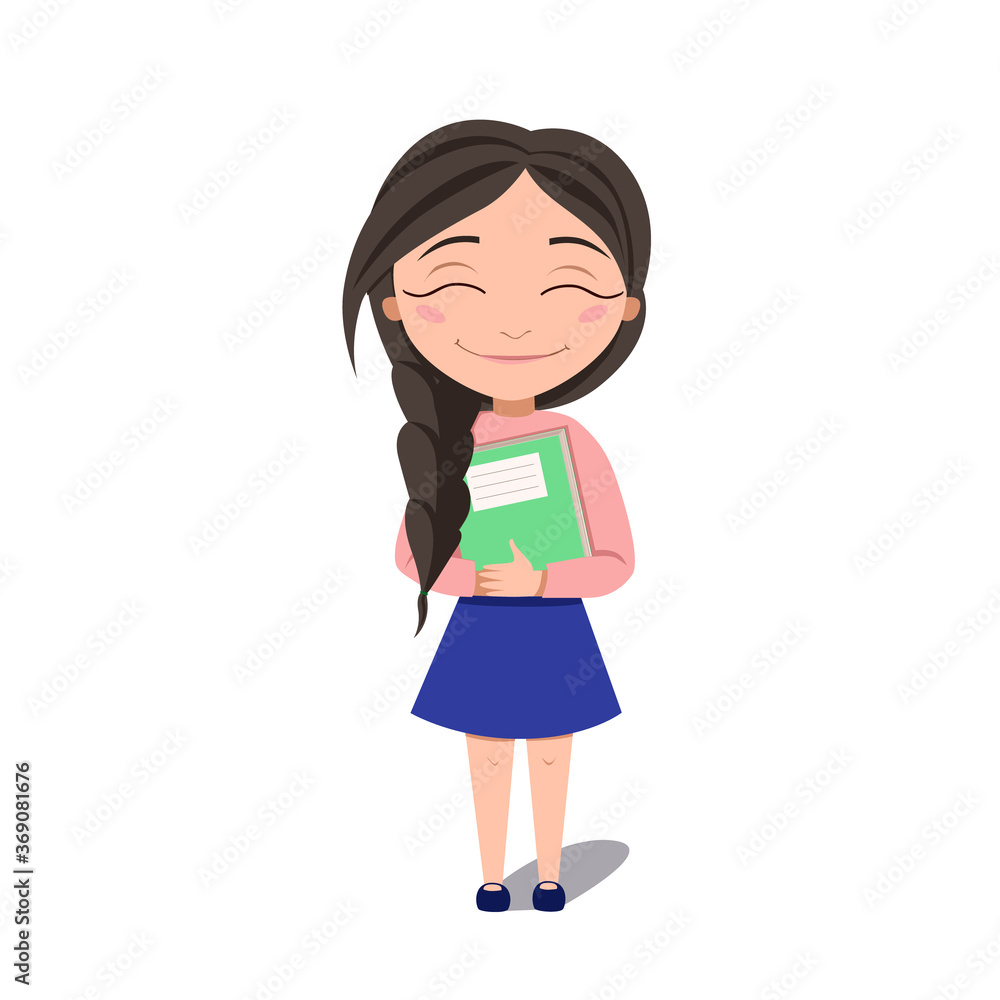 A schoolgirl hugs a book. The dark-haired Girl smiles. Vector illustration on a white isolated background. Stock image. A schoolgirl hugs a book. The dark-haired Girl smiles. Vector illustration on a white isolated background. Stock image.
