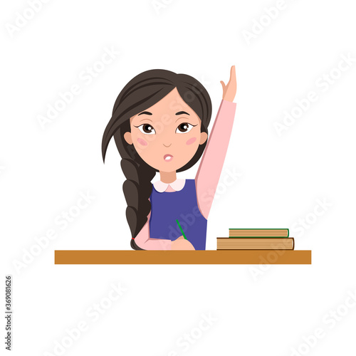A schoolgirl is sitting at a Desk. The dark-haired Girl answers the question. Vector illustration on a white isolated background. Stock image.