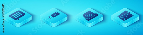Set Isometric Speech bubble chat, Express envelope, Envelope and Drawer with document icon. Vector.