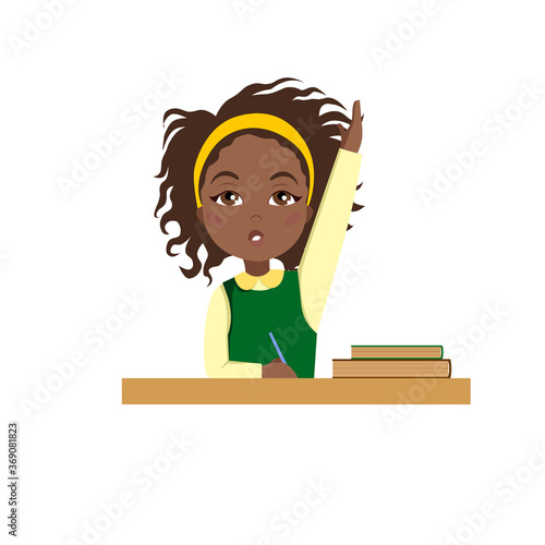 A schoolgirl is sitting at a Desk. A dark-skinned Girl answers the question. Vector illustration on a white isolated background. Stock image.