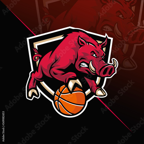 Hog with basketball mascot logo