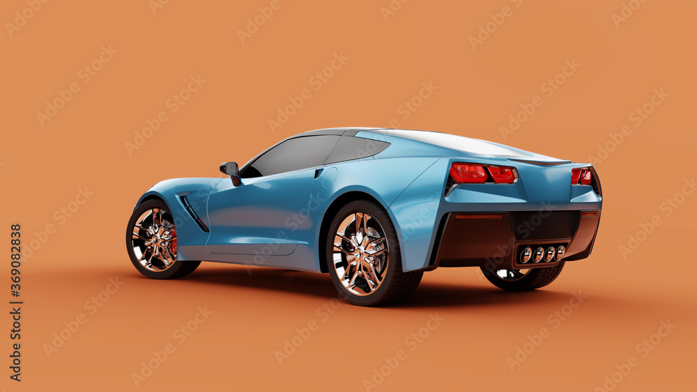 Back view of a blue sport concept car on orange background.