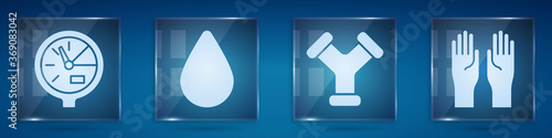 Set Water meter, Water drop, Industry metallic pipe and Rubber gloves. Square glass panels. Vector.