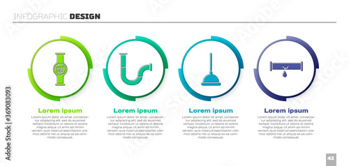 Set Water meter, Industry metallic pipe, Rubber plunger and Broken pipe with leaking water. Business infographic template. Vector.