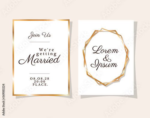 Two wedding invitations with gold frames design, Save the date and engagement theme Vector illustration © grgroup